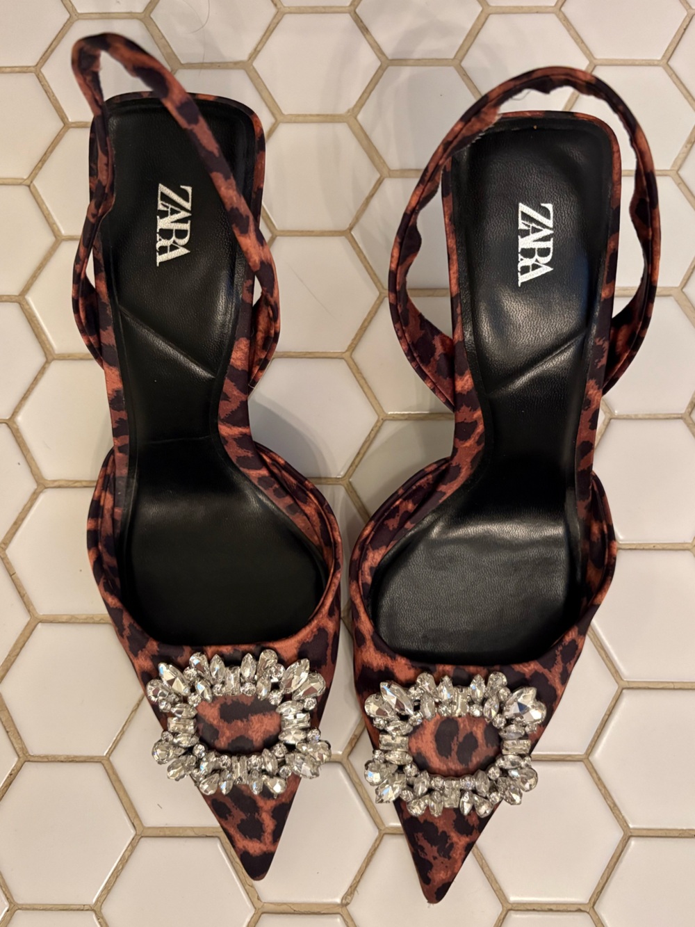 ZARA Leopard Print Slingback Heels with Crystal Buckle